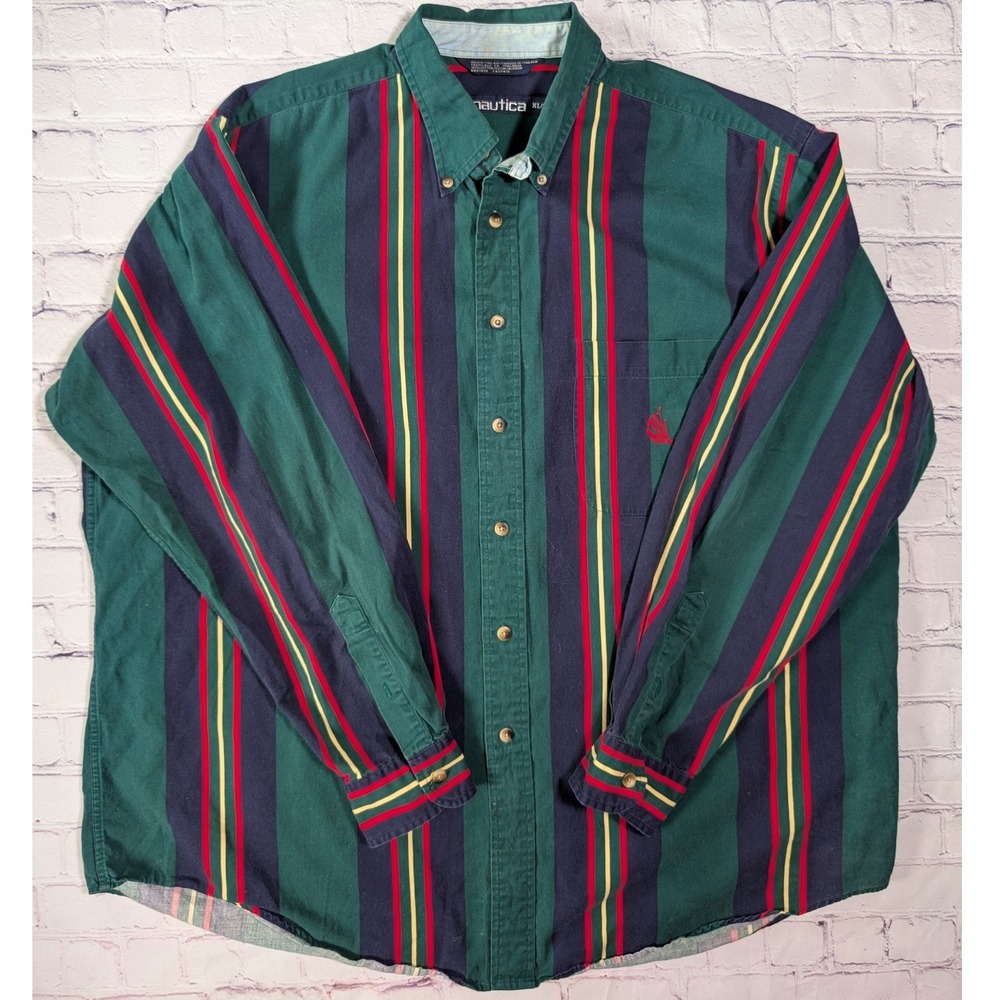 Vintage 90s Nautica Shirt Mens XL Green Navy Stripe Button Down Cotton